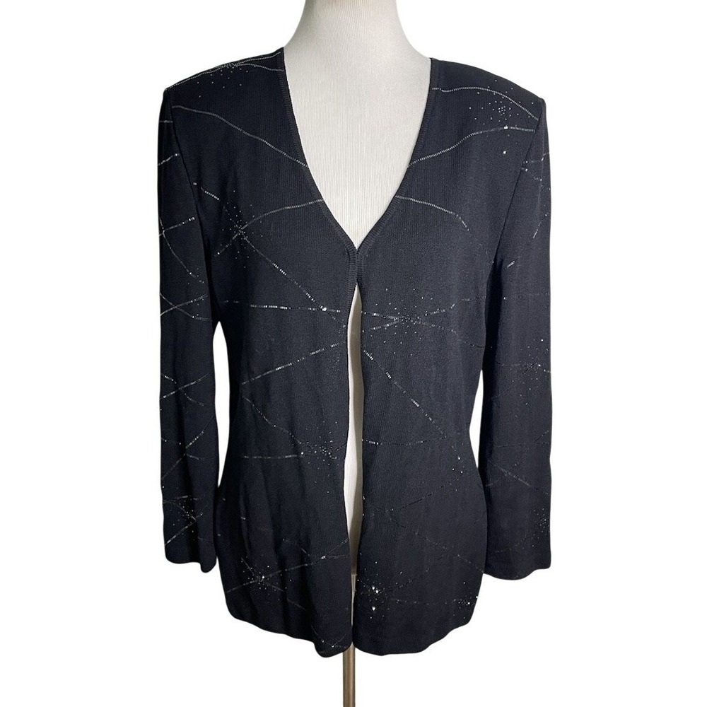 Vintage ST JOHN Evening Black Jeweled  Santana Knit Long Jacket Cardigan Size 10